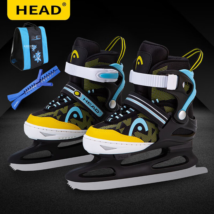 

HEAD Фигурные коньки Adjustable для детей, взрослых и начинающих, Warm Ball Blades, W20 Black Blue Yellow + защита лезвий + сумка, размер S (26-31)