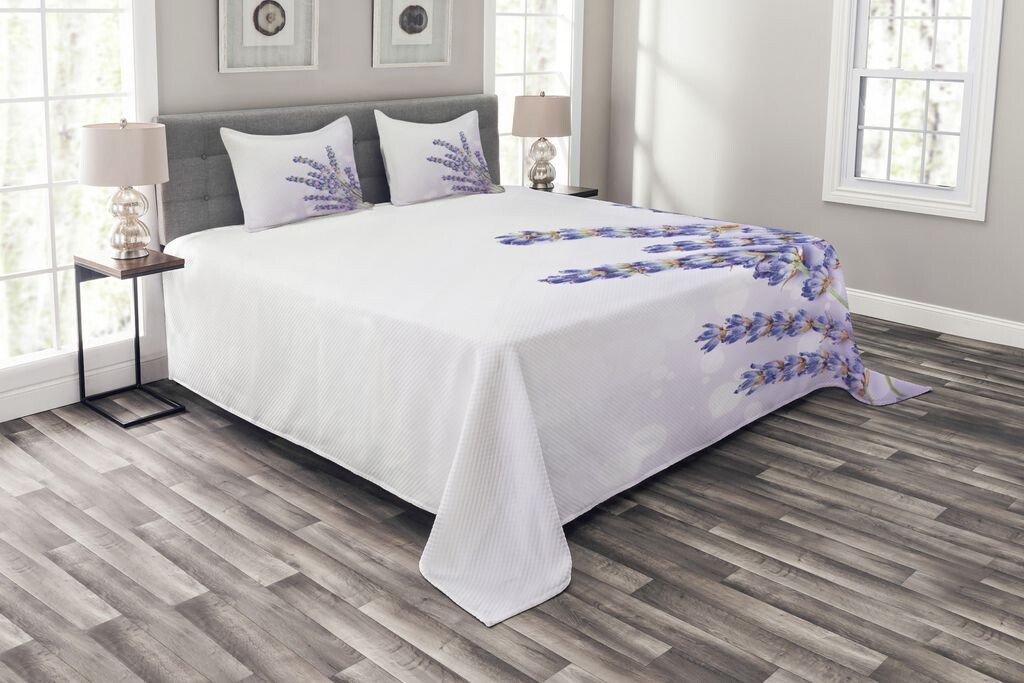 

ABAKUHAUS Комплект покрывала с лавандой, букет из свежих трав, комплект с моющимися наволочками, для односпальных кроватей 220 x 220 см, лаванда