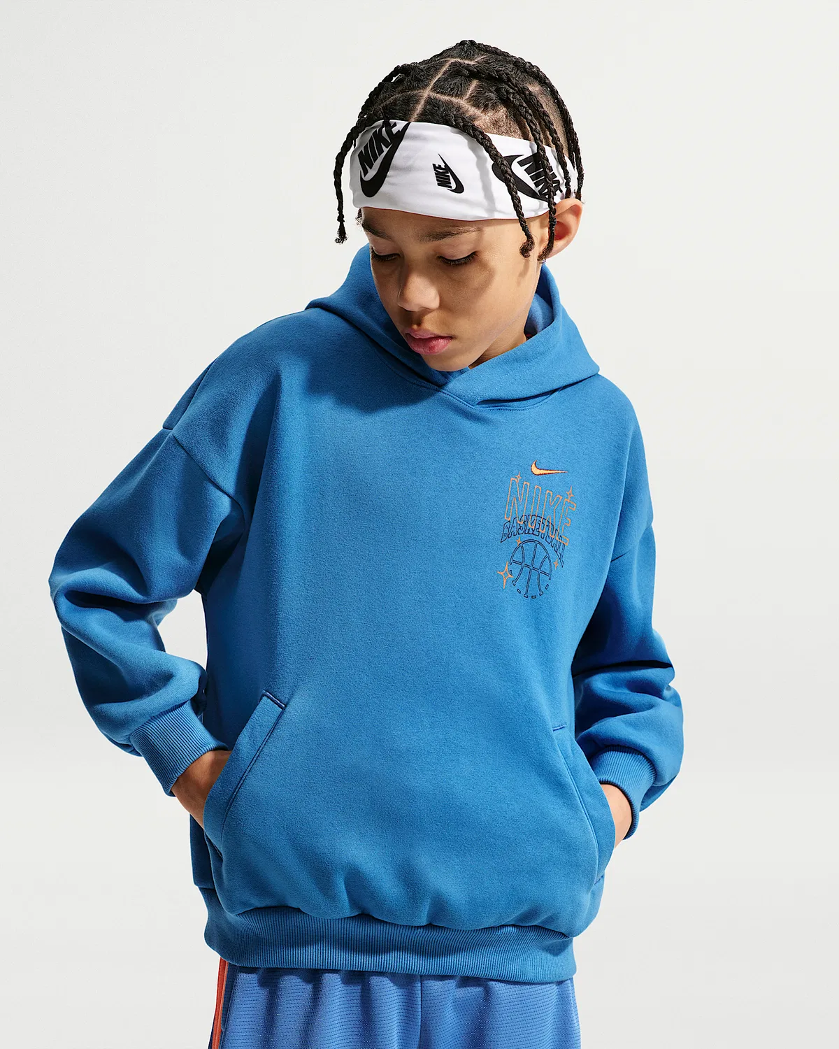 Детская оверсайз флисовая баскетбольная худи Nike Sportswear, Star Blue/Turf Orange — фото 3