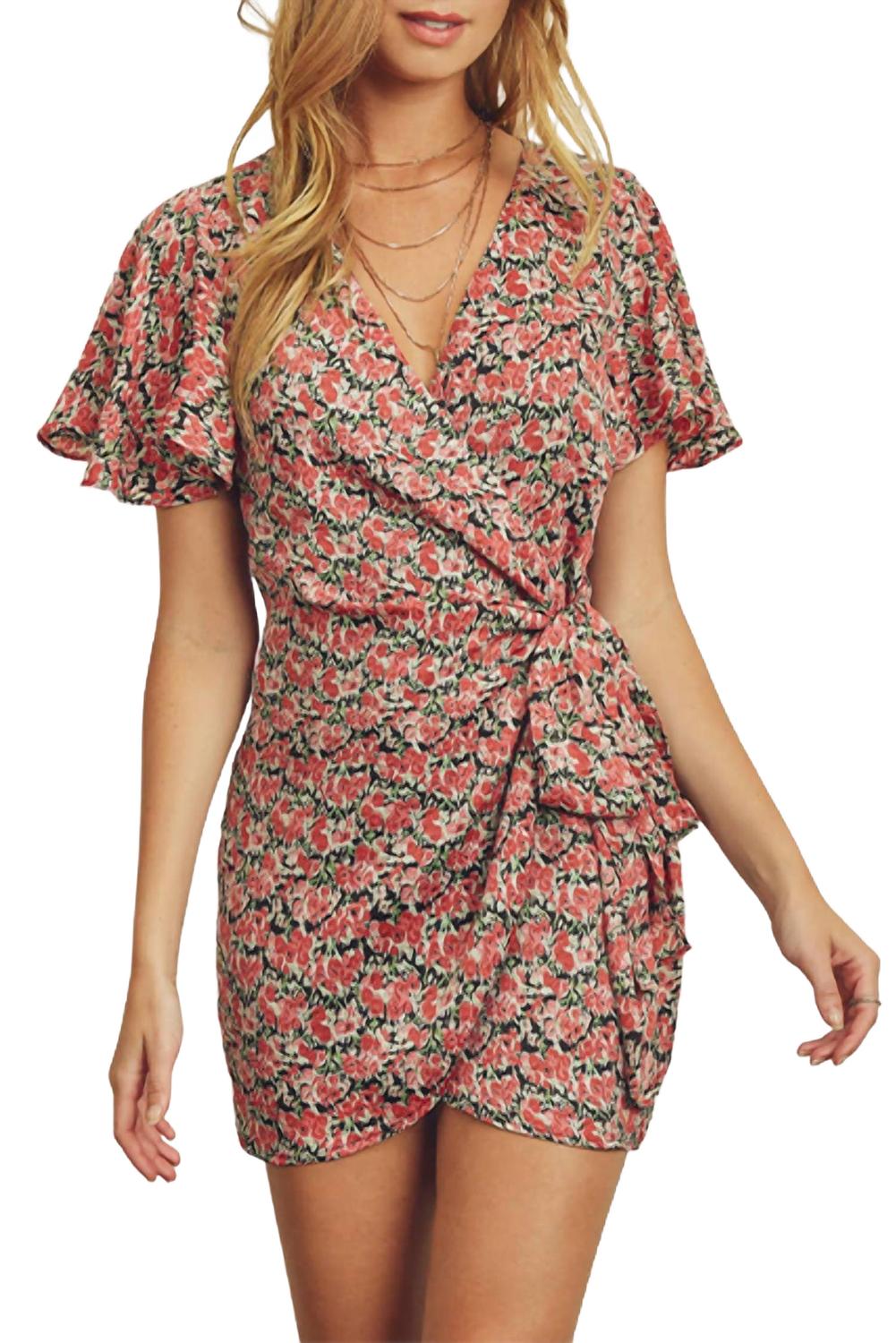 

Мини-платье с цветочным принтом из сатина на запах в мультиколоре DRESS FORUM