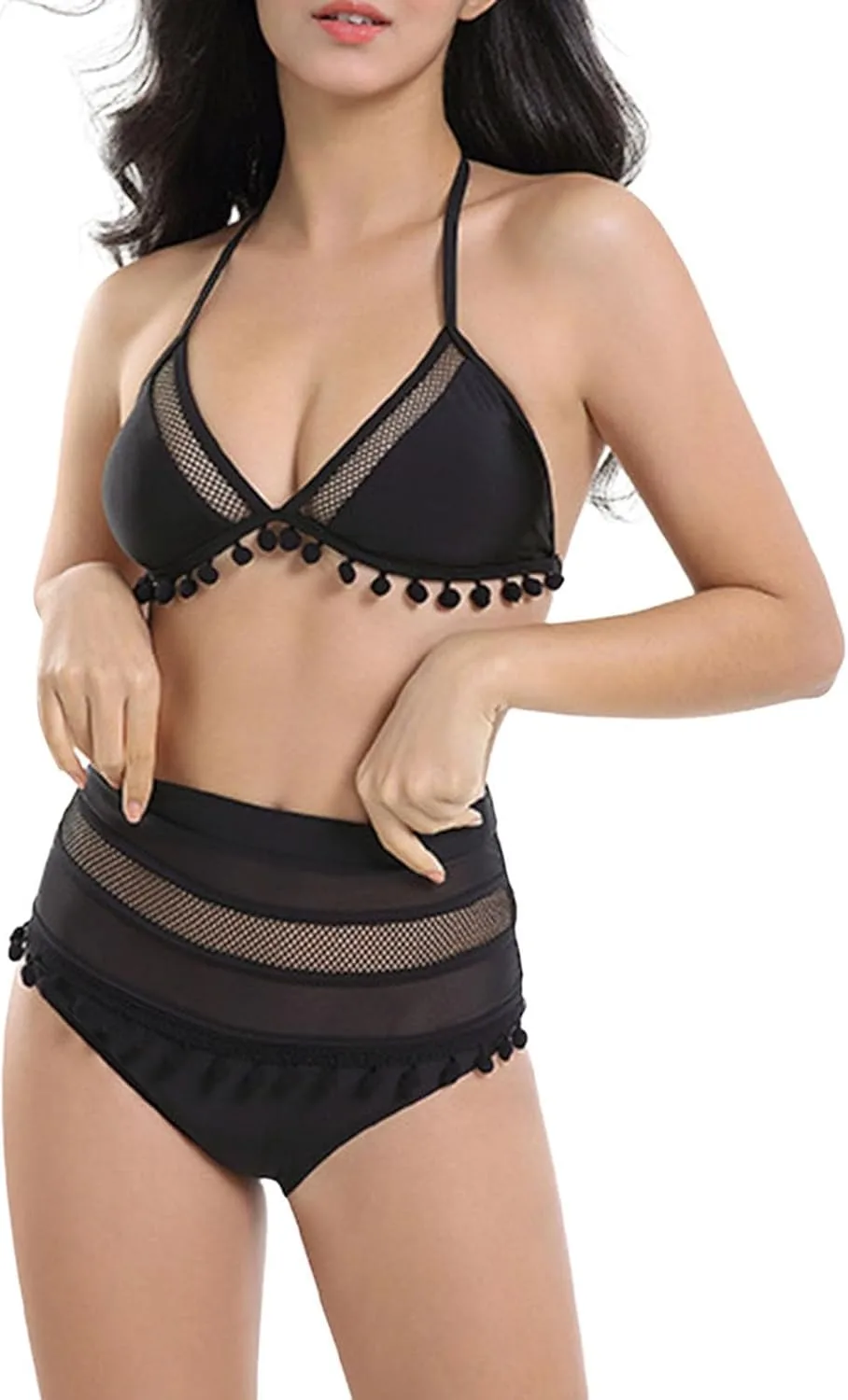 Женский купальник High Waisted Bikini Set с сексуальными полосками и кисточками, топ-халтер и низ, пляжный купальник с открытой спиной Generic, черный