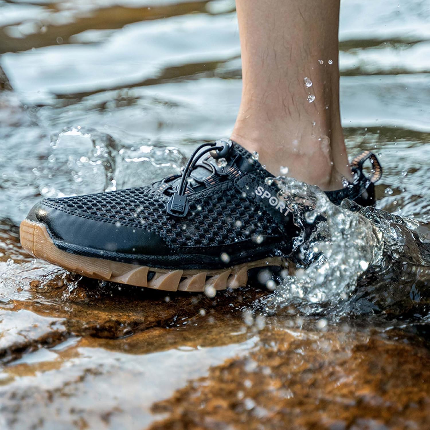 Мужские спортивные водные туфли, дышащие, быстро сохнущие, летние, подходят для активного отдыха на пляже, плавания, серфинга, противоскользящие, легкие, для кемпинга и походов Generic, черный — фото 4