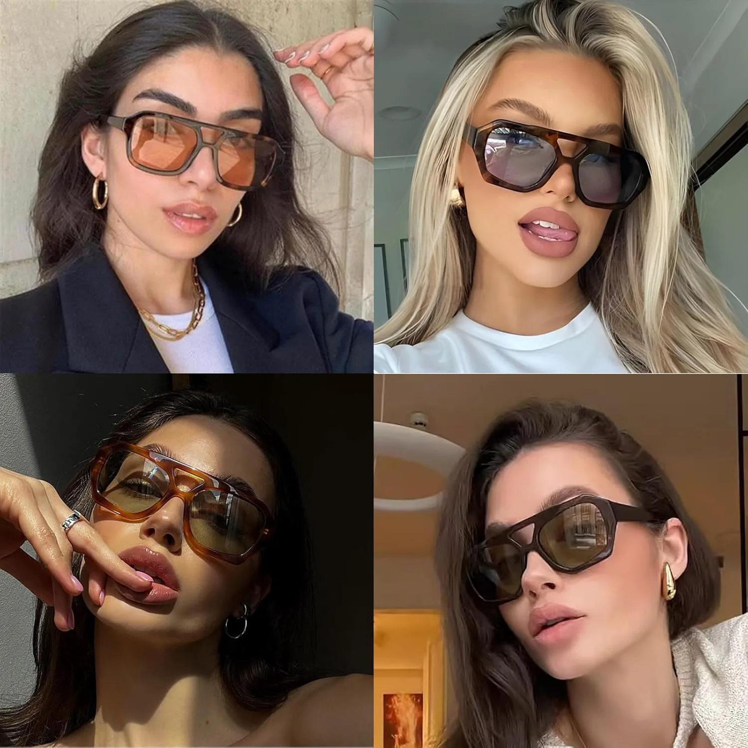 

Солнцезащитные очки Mirkcittle Trendy Square Aviator для женщин и мужчин, шестиугольная толстая оправа, двойная перемычка, дизайнерский дизайн, Brown/Blue Lens