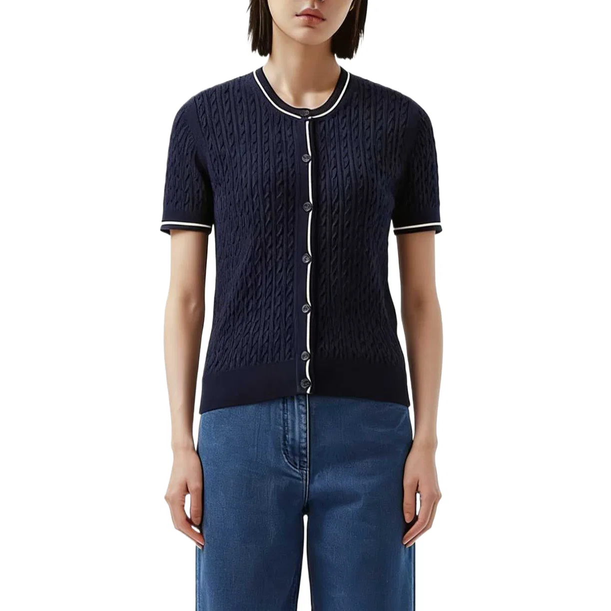 Кардиган LACOSTE, с круглым вырезом, трикотажный, темно-синий