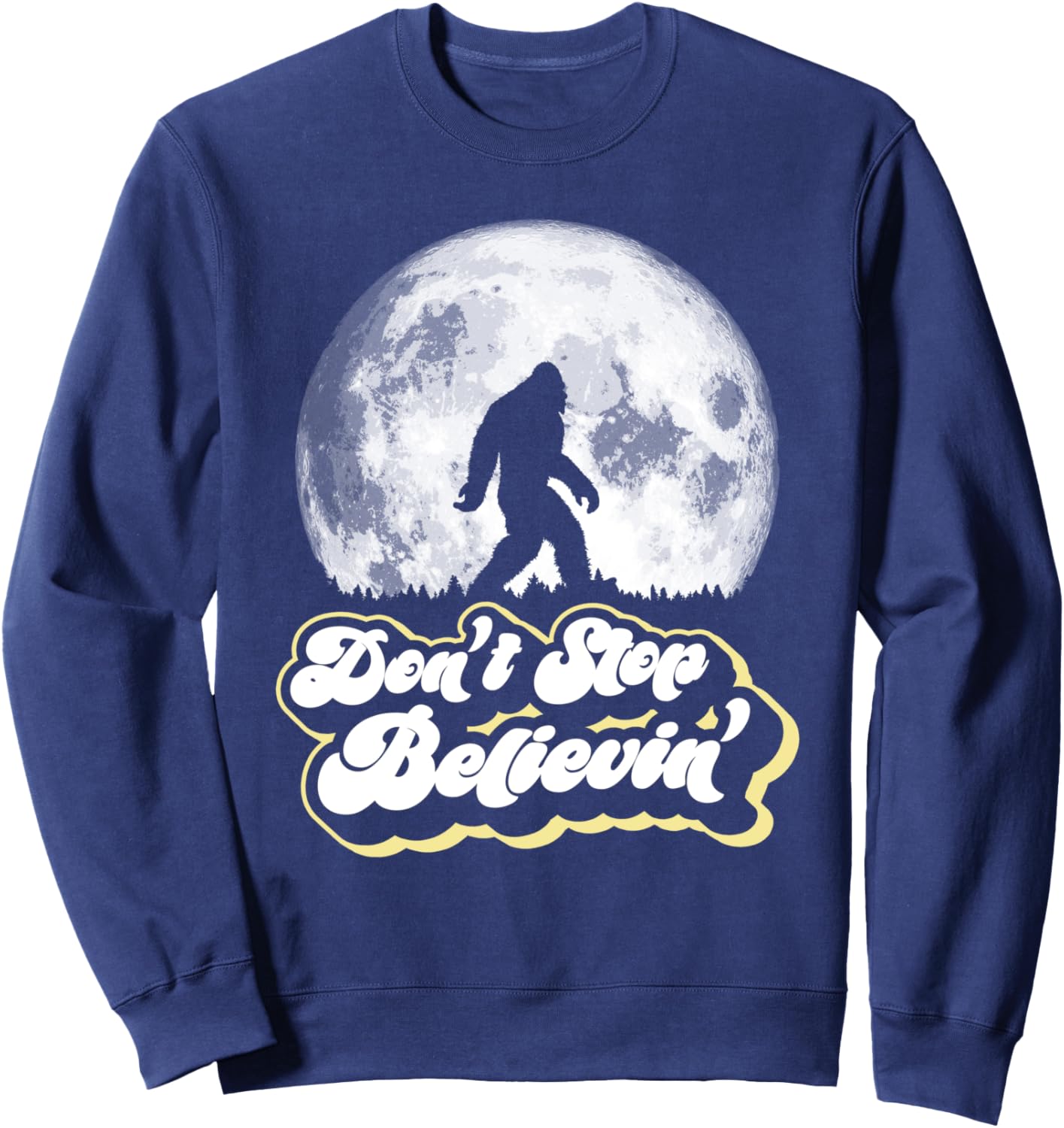 

Не переставай верить! Ретро-толстовка с изображением Бигфута, полной луны и деревьев Sasquatch Garage, темно-синий