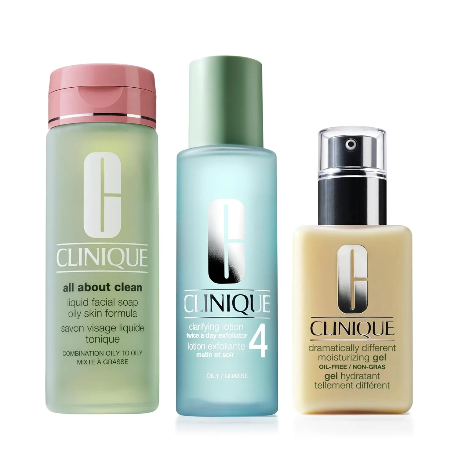 Набор Clinique 3-Step All About Clean: жидкое мыло для лица, очищающий лосьон-эксфолиант для лица и гель Dramatically Different для жирной кожи (полноразмерный набор), Clear/Off White