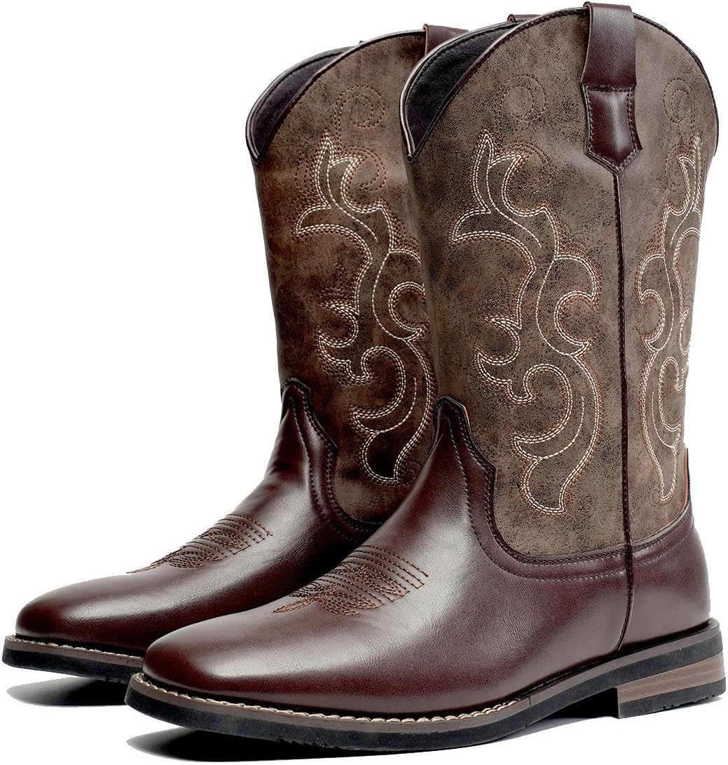 

Мужские классические ковбойские сапоги Santimon с вышивкой, квадратный носок, кожаные, для верховой езды, слипоны, сапоги для мужчин, темно-коричневый