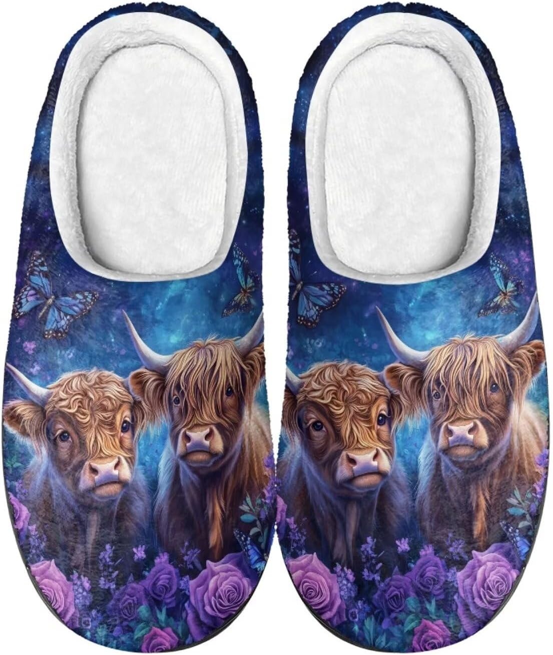 

Тапочки Xpyiqun для женщин и мужчин, домашние слипоны, пушистые теплые зимние тапочки, размер 4-12, Highland Cow Butterfly Rose