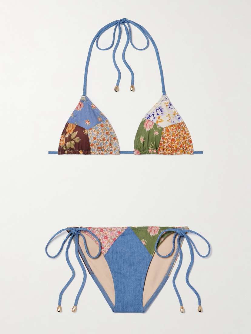 

Бикини Lucky с треугольными чашечками из хлопка и шамбре с цветочным принтом в стиле пэчворк Zimmermann, мультиколор