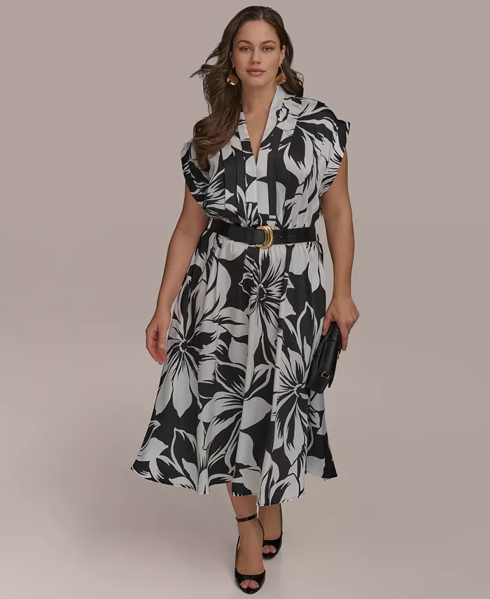 

Платье-трапеция с поясом и принтом Plus Size Donna Karan New York, черный