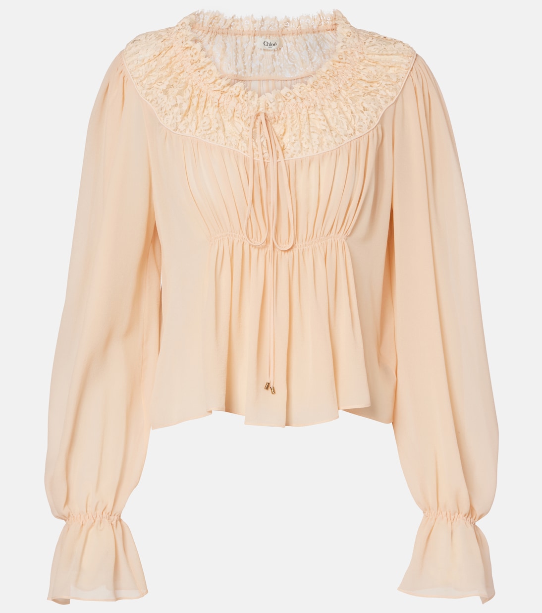 

Укороченная шелковая блузка с кружевной отделкой и сборками Chloé, Apricot Pink