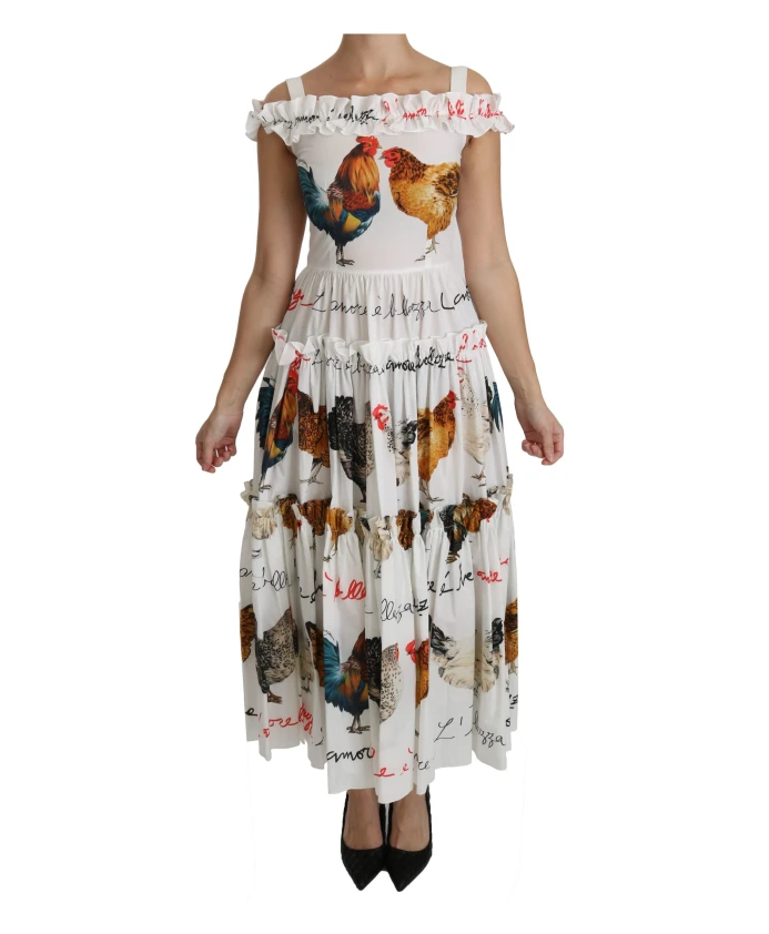 

Элегантное платье миди футляр с изображением петуха Dolce & Gabbana, белый