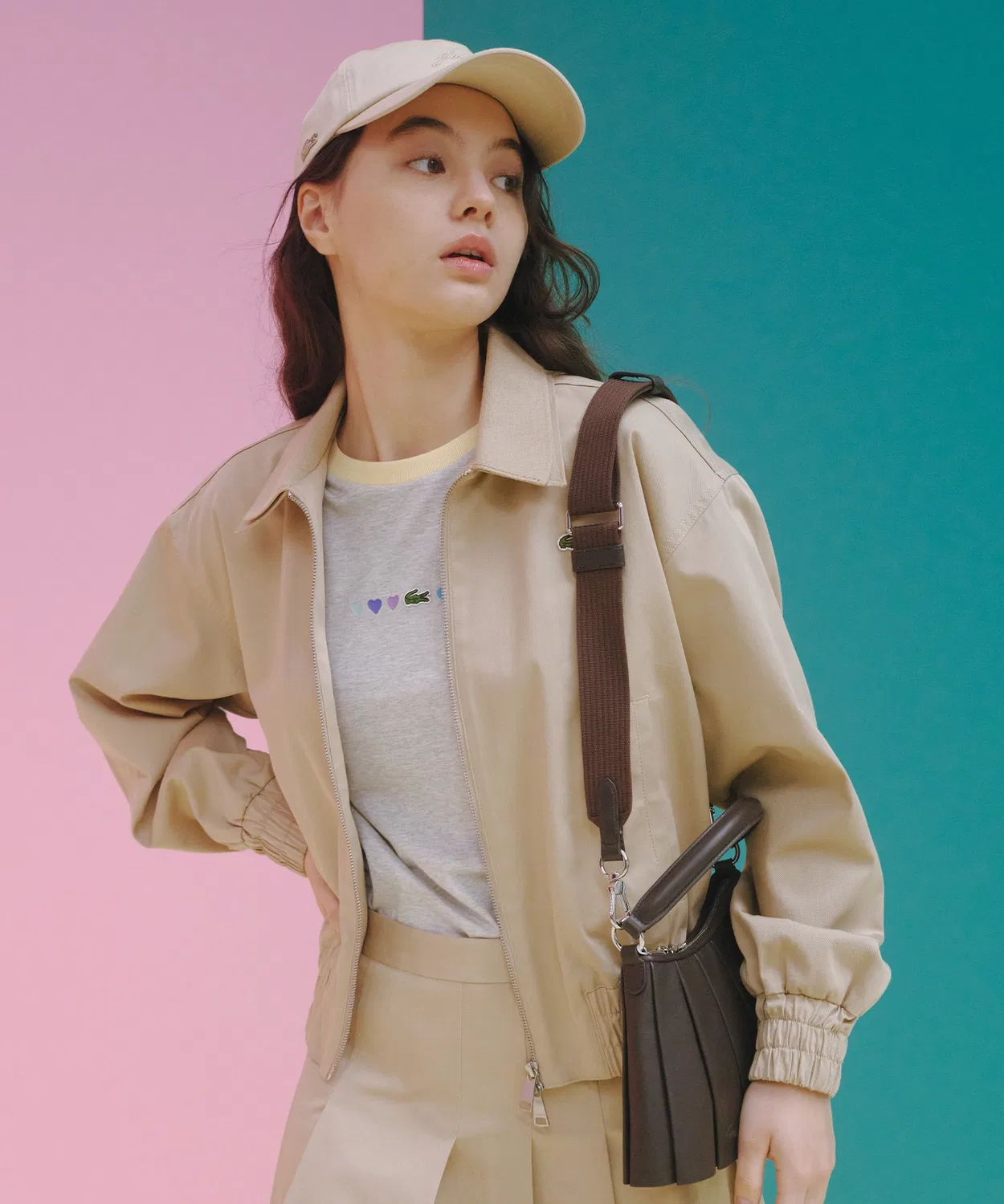 Куртка-бомбер Lacoste, укороченная, с воротником-поло, бежевый