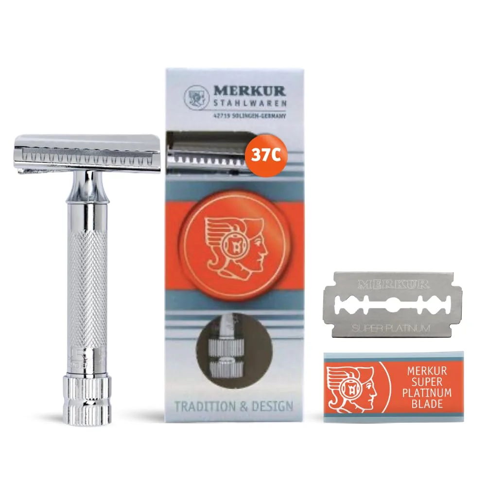 Безопасная бритва MERKUR 37C с двойным лезвием | Наклонная конструкция - стандартная ручка | Сделано в Германии | Без пластика | Двухкомпонентная конструкция 1 штука (1 шт.), Chrome