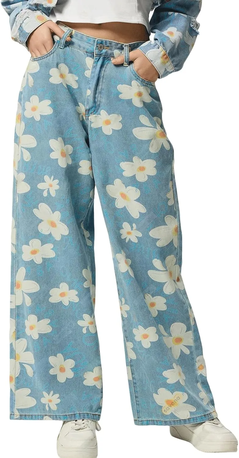 

CHARTOU Женские джинсы с цветочным принтом, широкие, мешковатые, мид-райз