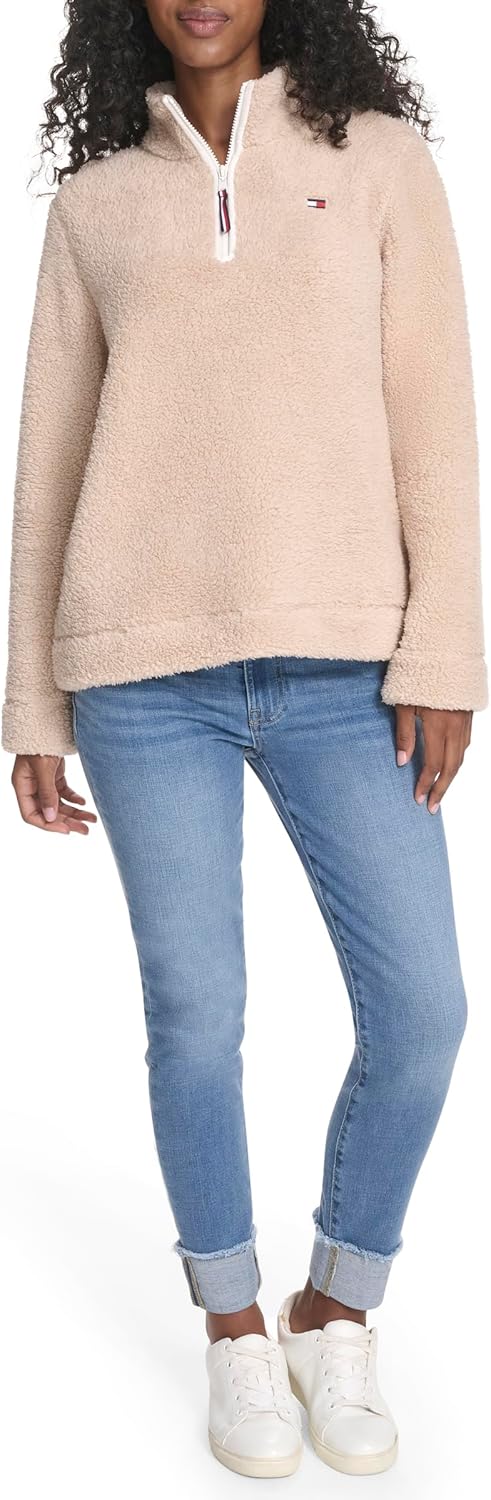 Женский пуловер Tommy Hilfiger с воротником-стойкой и молнией 1/4 из мягкой шерпы, Light Heather Fawn — фото 2