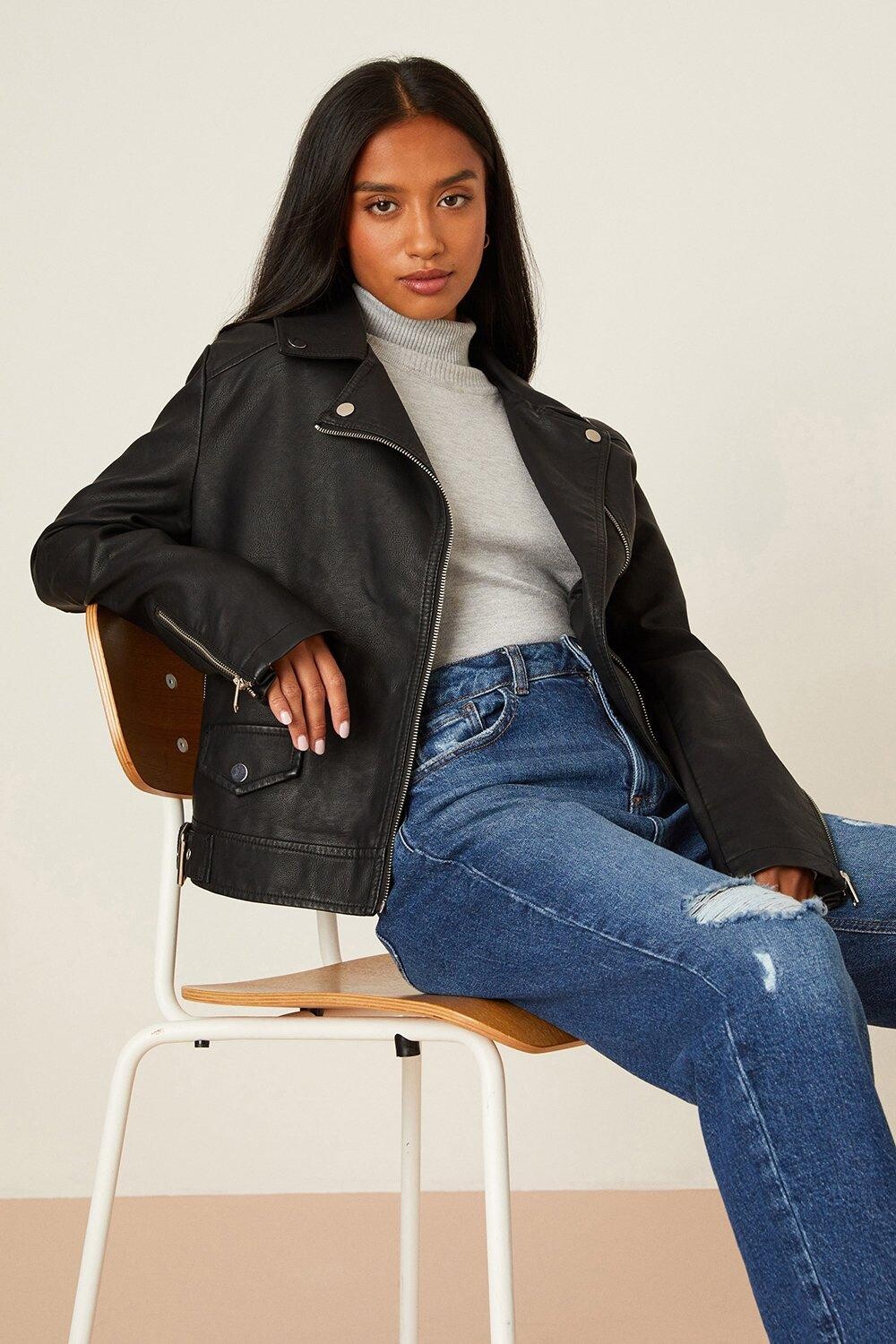 

Байкерская куртка из искусственной кожи Petite Dorothy Perkins, черный