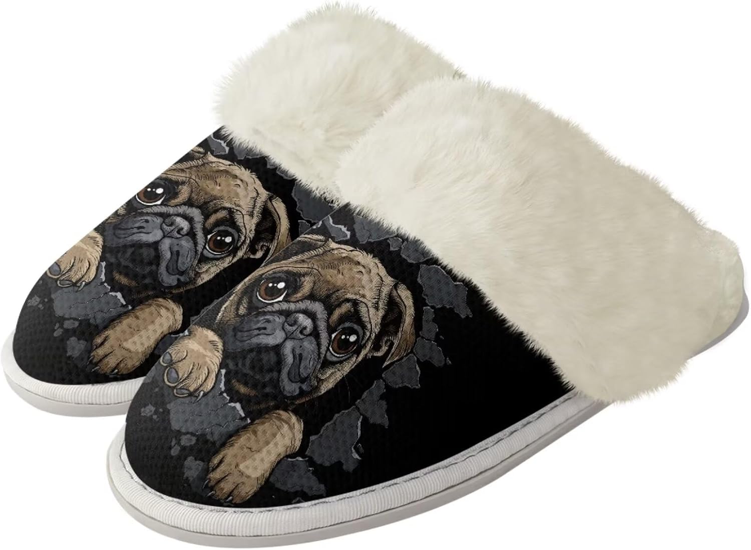 

Рождественские пушистые тапочки Forchrinse для женщин и мужчин с принтом Санта-Клауса и снежинок, домашние тапочки с мемори-пенной стелькой, теплые и мягкие, противоскользящие, для спальни, Pug