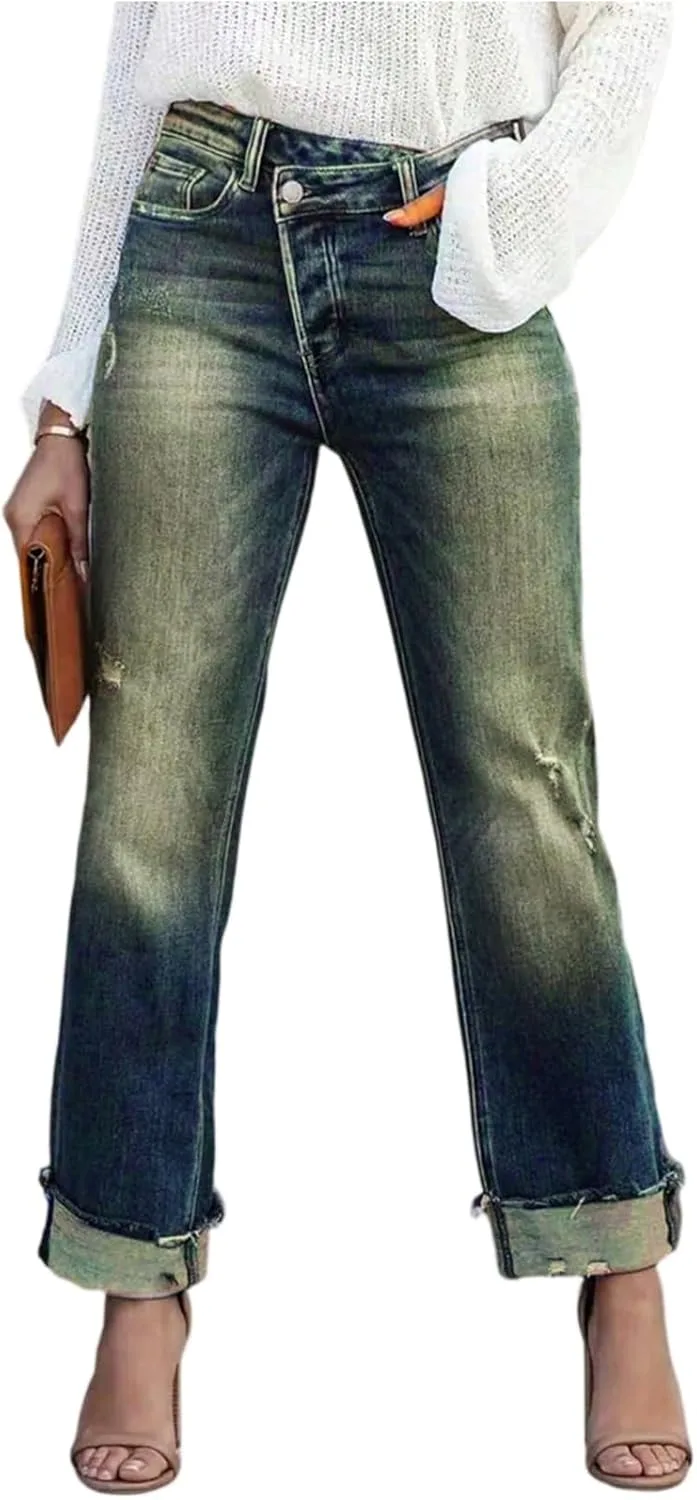 

eoeioa рваные прямые джинсы для женщин, высокие, с эффектом поношенности