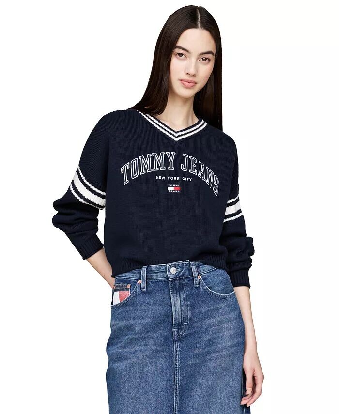 

Женский хлопковый укороченный университетский свитер Tommy Jeans, синий