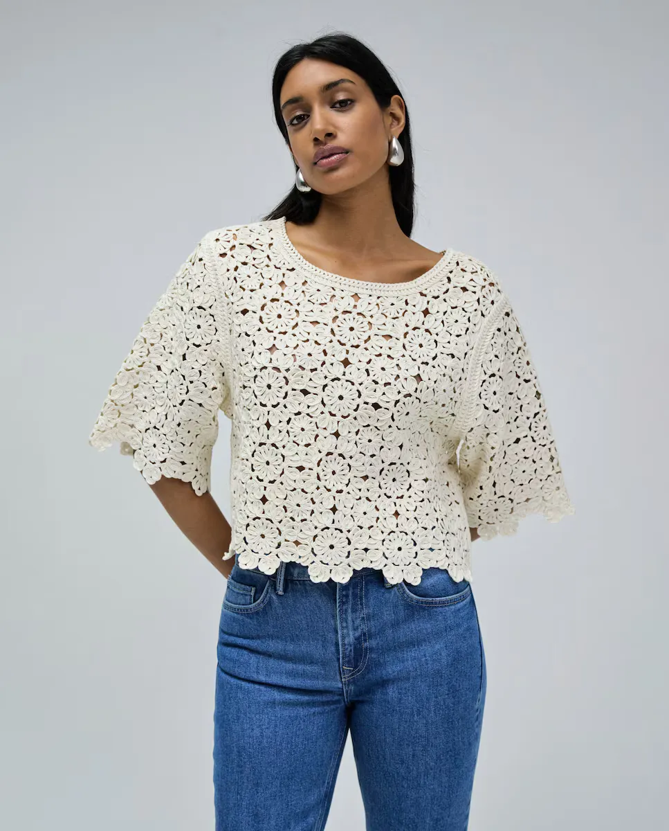 

Женский топ крючком с цветочным принтом цвета экрю Salsa Jeans, цвет Crudo