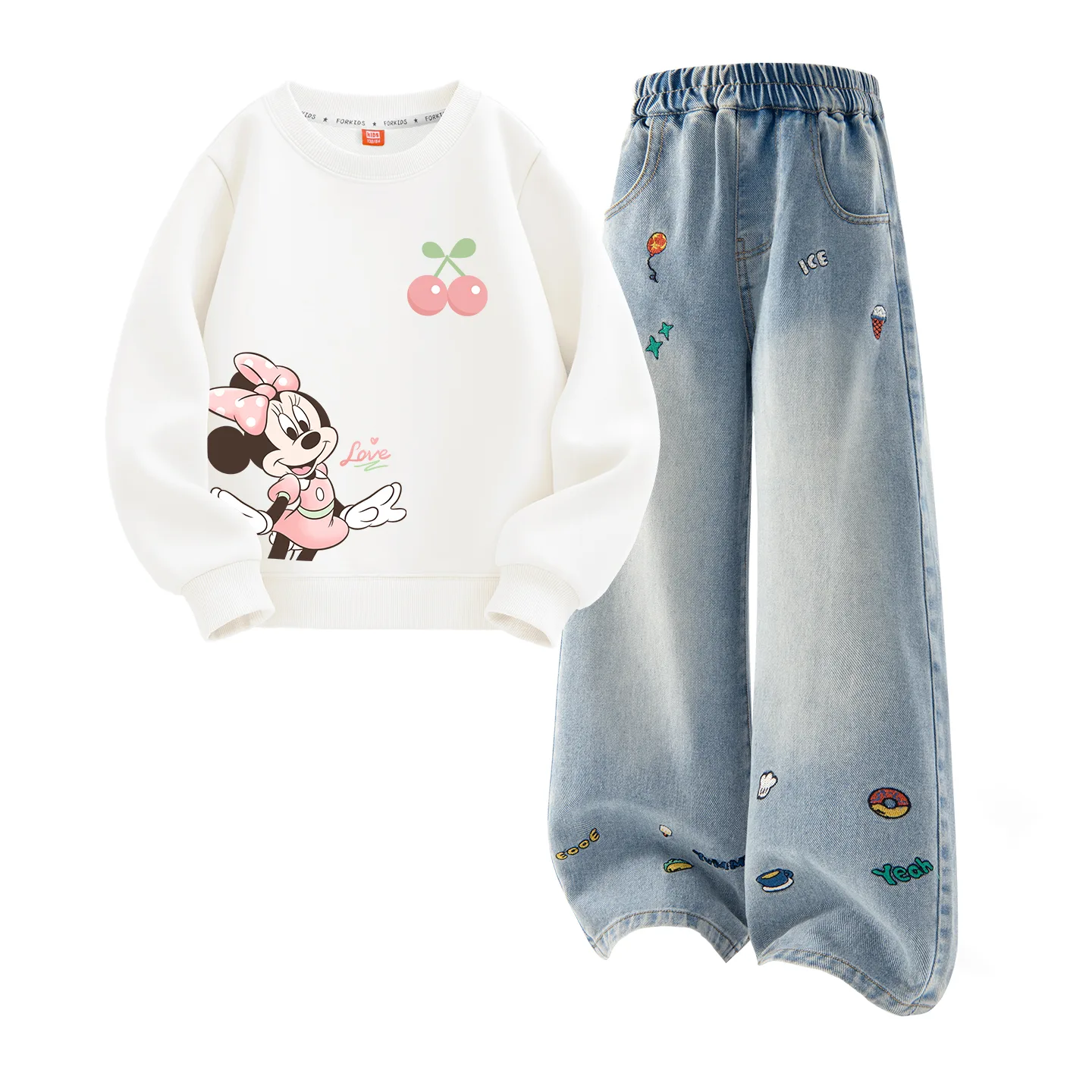 Детская повседневная спортивная футболка с круглым вырезом Disney, Di Elegant Cherry Blossom White+Solid Color Denim Blue