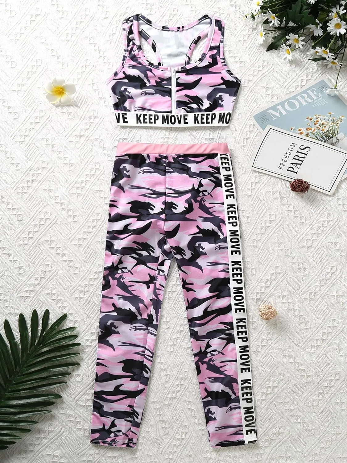 Детский спортивный комплект: топ на бретелях и леггинсы, Moggemol, Zipper-pink-camo — фото 3