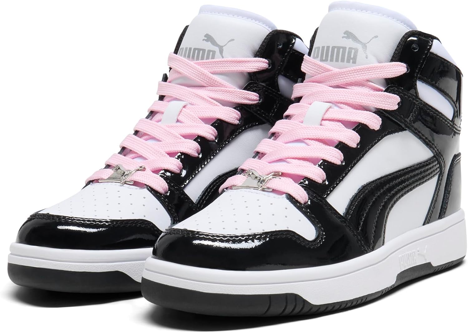Кроссовки PUMA Rebound Layup Mid для мальчиков, белый/черный/розовый/бледно-розовый — фото 2