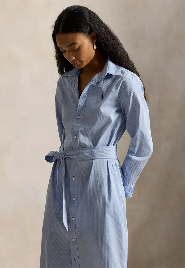 Платье-Рубашка из хлопка в полоску с поясом Polo Ralph Lauren, Medium Blue/White