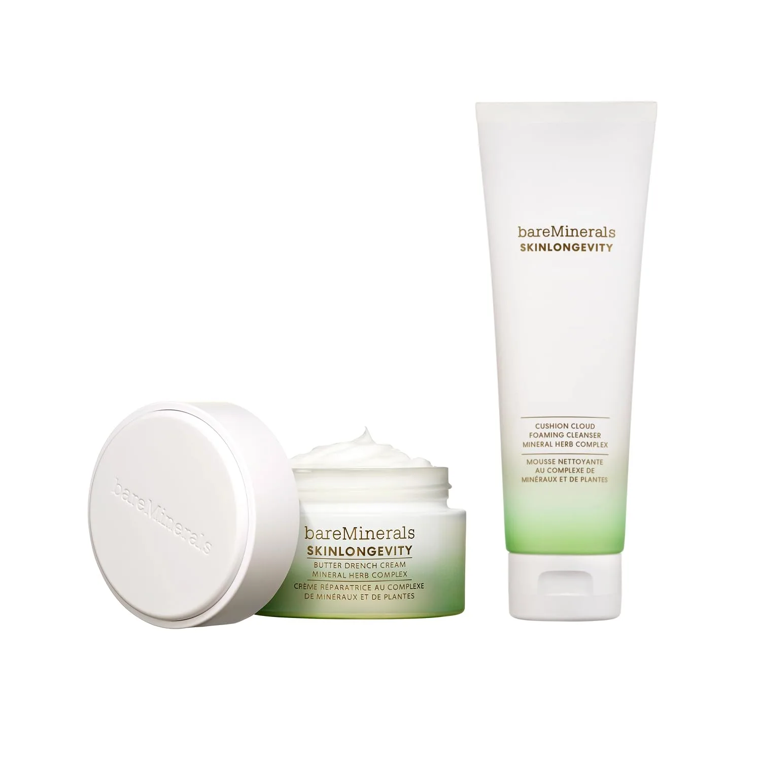 Набор bareMinerals Butter Drench: восстанавливающий насыщенный крем для лица, увлажняющий лосьон для лица и очищающее средство для лица Skinlongevity.