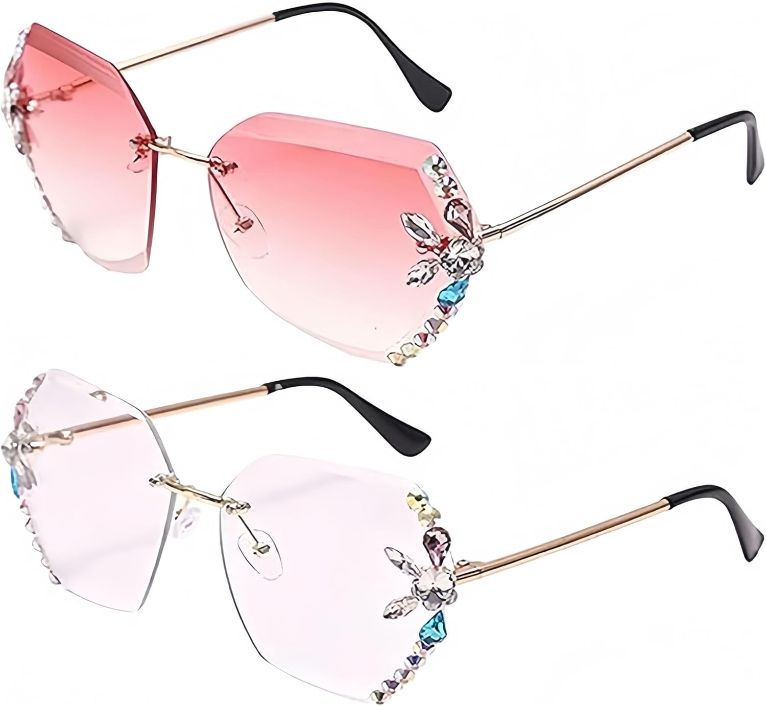 

Модные женские солнцезащитные очки без оправы с бриллиантами, большие солнцезащитные очки с градиентной многоугольной бриллиантовой оправой и защитой от УФ-излучения AILYFIRMO, Pink+white