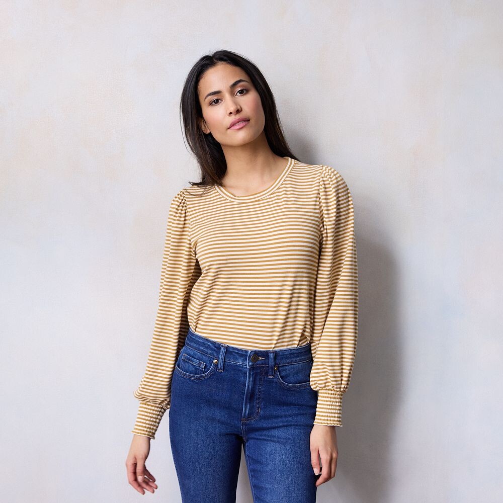 

Женский топ с присборенными манжетами LC Lauren Conrad, цвет Khaki Raleigh Stripe