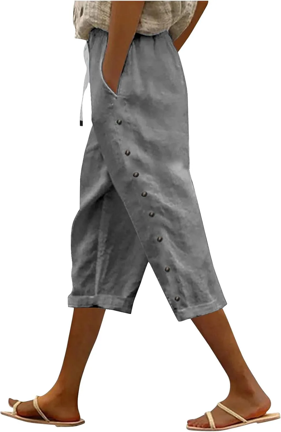 

Льняные капри для женщин с карманом и боковой пуговицей