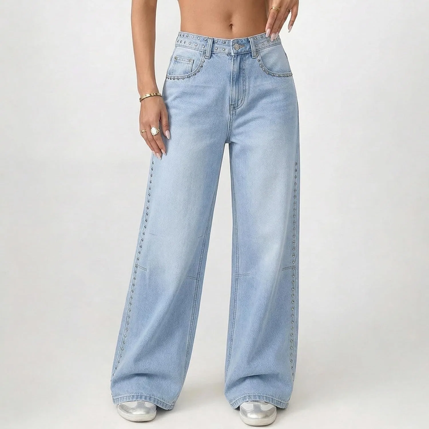 Активные брюки Women's Vintage Washed Jeans High Waist Studded Embellished Casual Trousers Loose Trendy Denim Pants with Pockets, Light Blue — фото 4