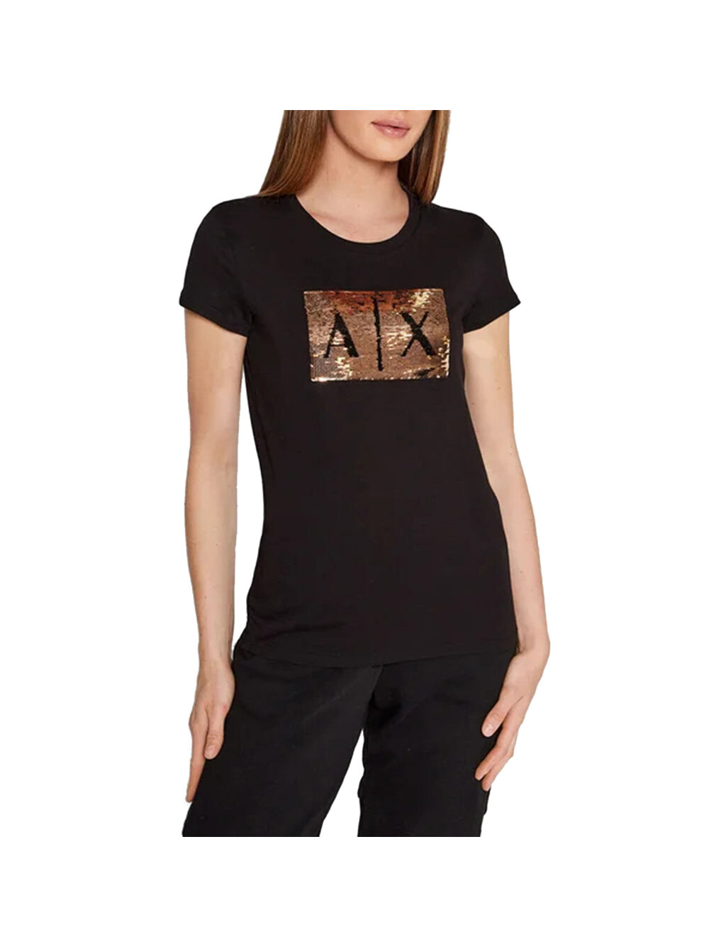 

Женская футболка черная/золотая Armani Exchange