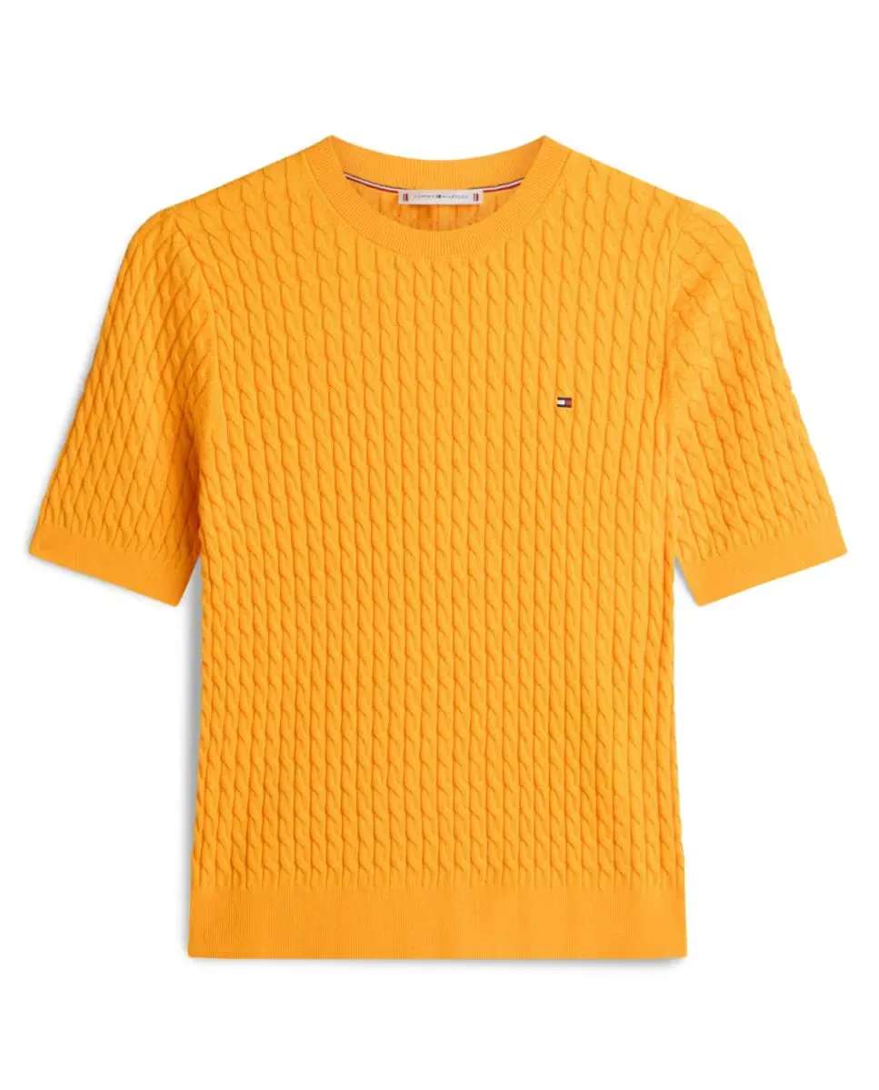 Вязаный женский джемпер с короткими рукавами и косами Tommy Hilfiger, горчичный
