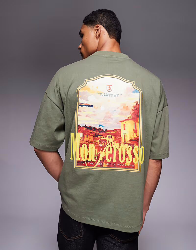 

Футболка свободного кроя с принтом цвета хаки Asos Design