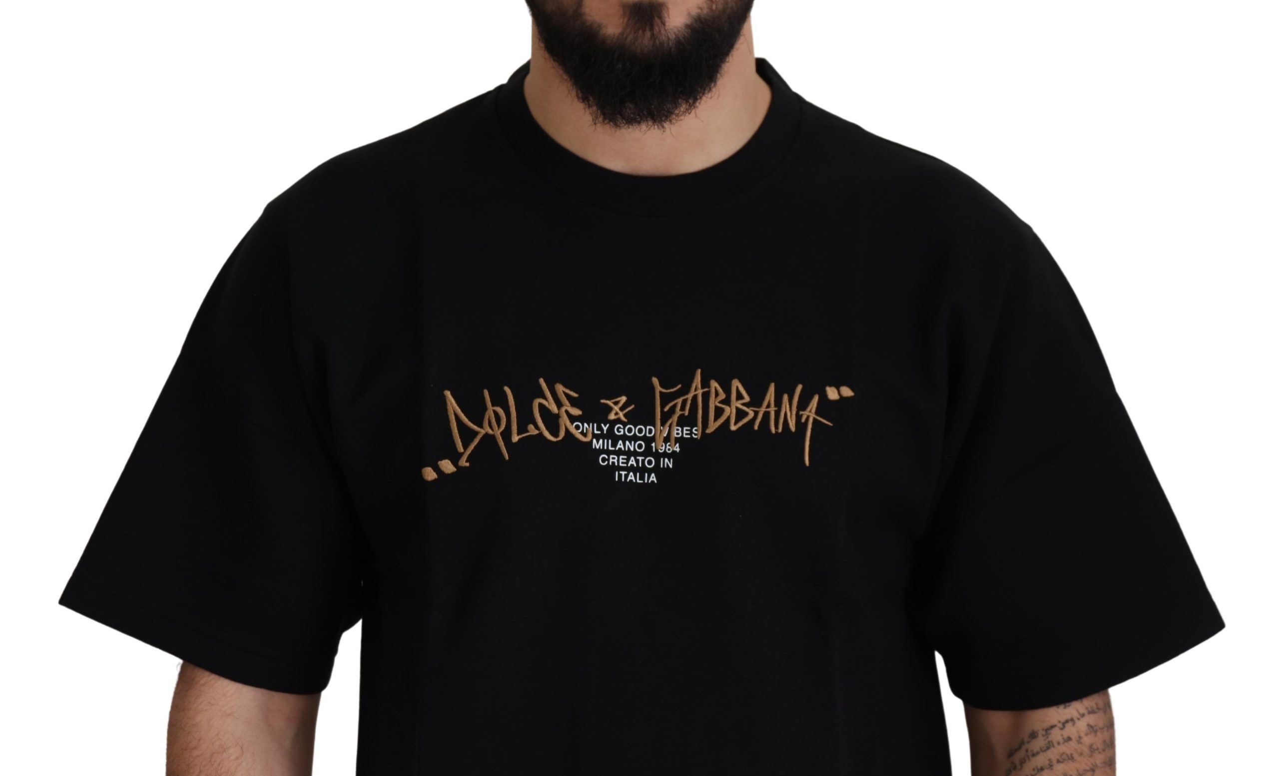 Элегантная черная футболка из хлопковой смеси с круглым вырезом Dolce & Gabbana — фото 3