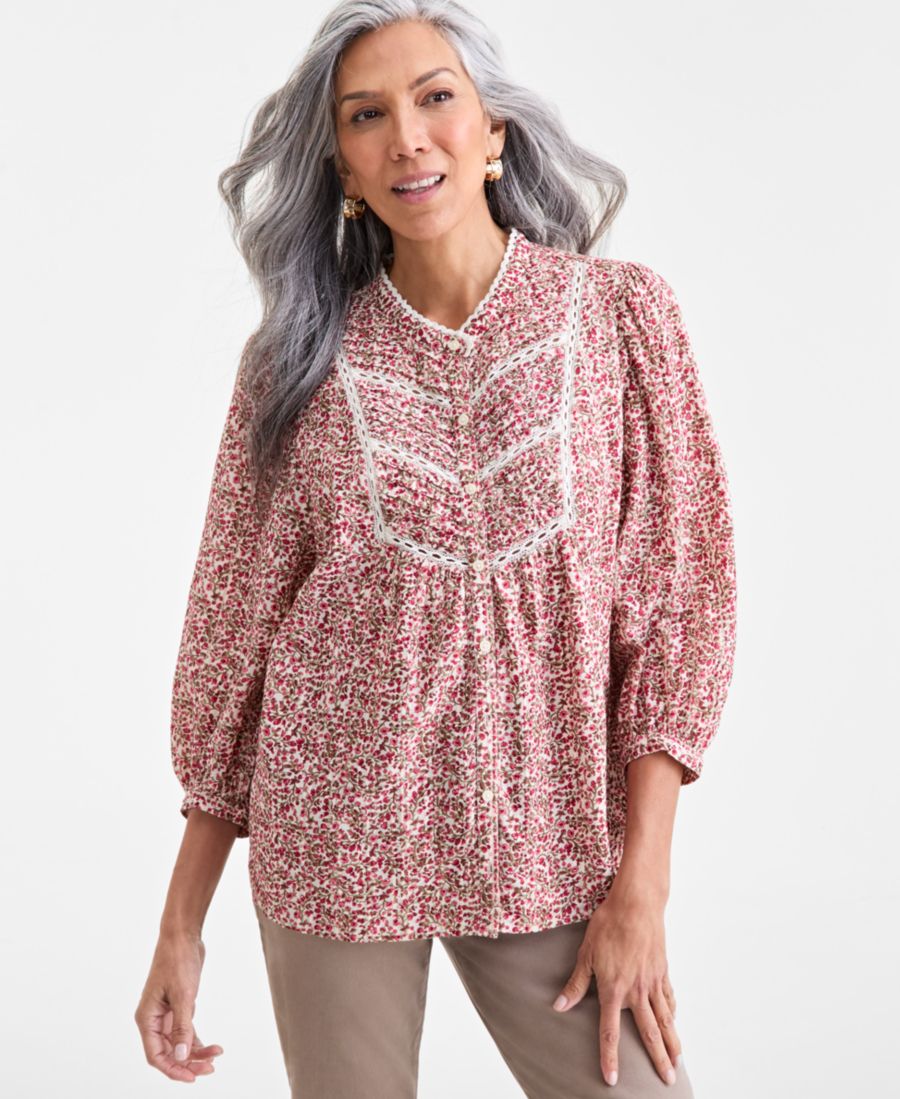 

Женская блузка из хлопка с принтом и кружевной отделкой Style & Co, Vines Merlot