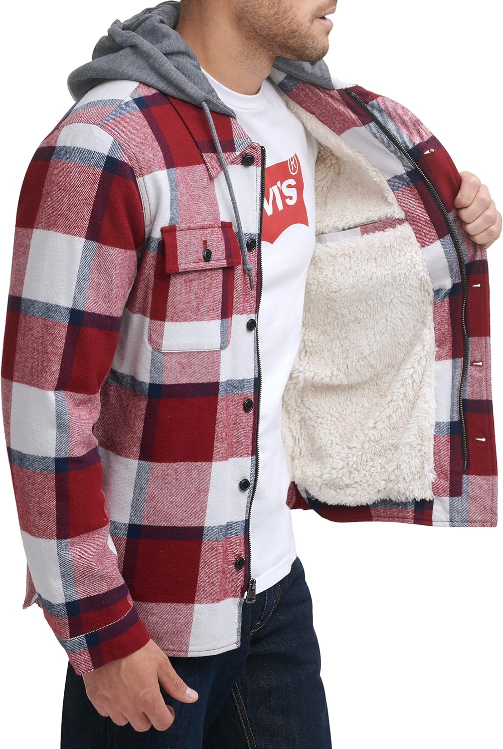 Мужская клетчатая куртка-рубашка Levi's с капюшоном и подкладкой из шерпы (стандартные размеры, большие и высокие), Red Navy Skater Plaid — фото 4
