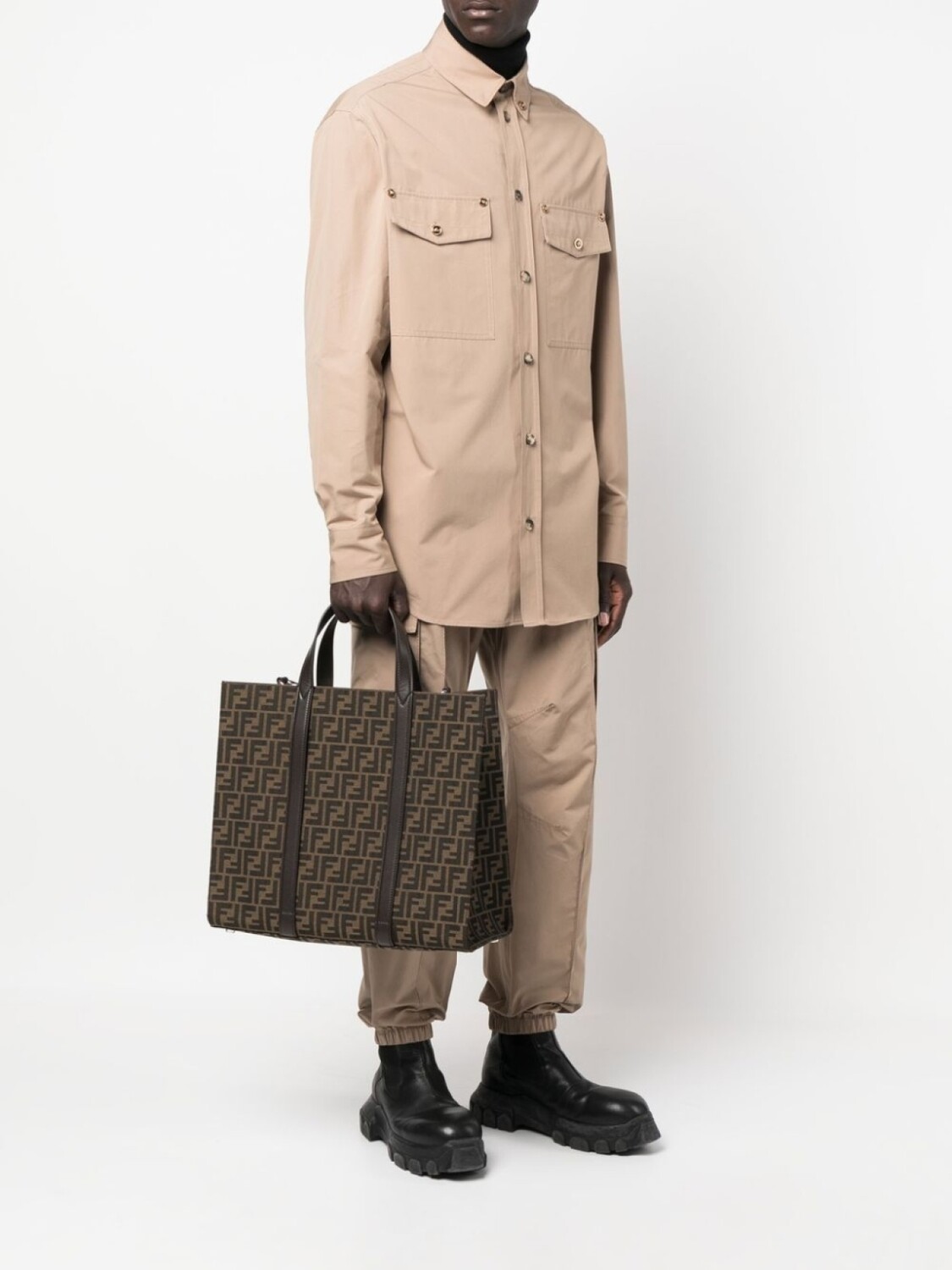 Жаккардовая сумка-тоут с логотипом FF FENDI, коричневый — фото 2