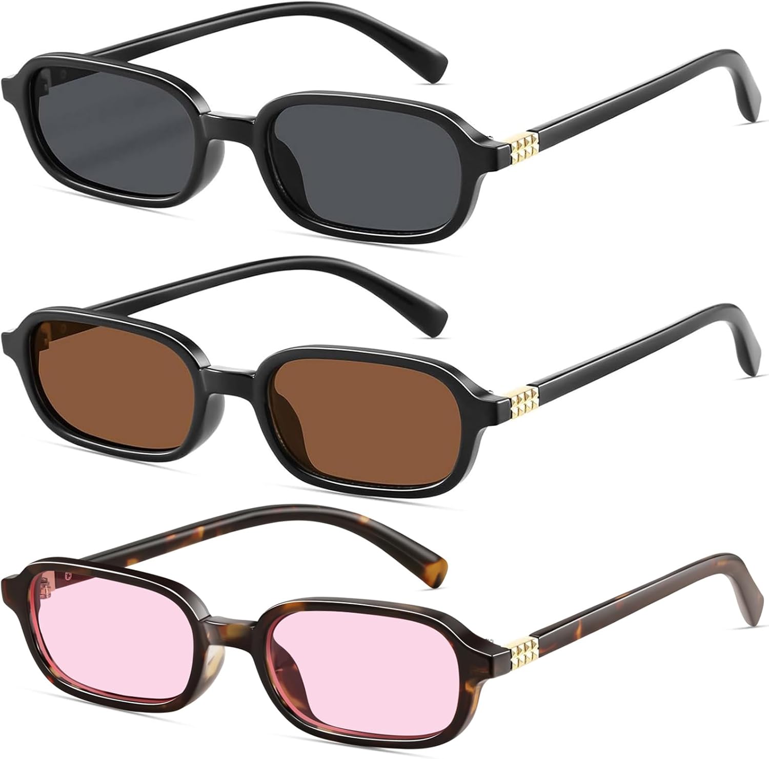 

Ретро прямоугольные солнцезащитные очки для женщин, узкие, модные, небольшие, в стиле 90-х, квадратная оправа, защита от УФ-излучения YMRFW, 3pack（black/Gray+black/Brown+leopard Print/Pink ）