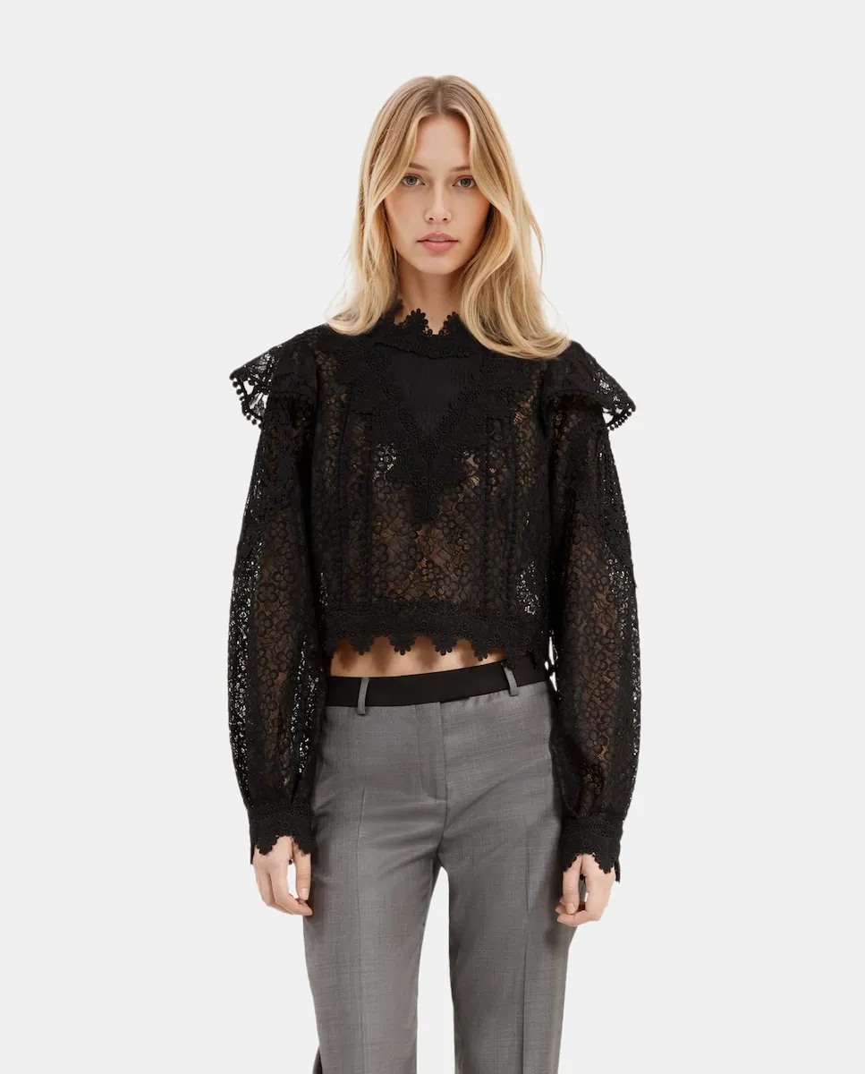 

Женский кружевной топ с длинными рукавами The Kooples, черный