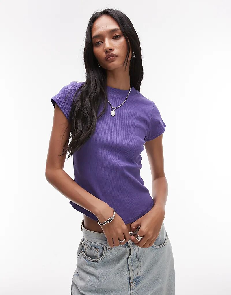 

Футболка Topshop из трикотажа в рубчик с закругленным краем фиолетового цвета
