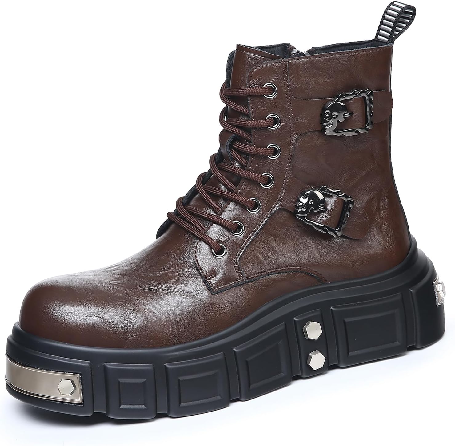 

Мужские кожаные готические панк-бутсы на щиколотку с комфортным круглым носком, шнуровкой, боковой молнией и платформой, боевые ботинки для концертов, фестивалей, вечеринок и повседневного дерзкого стиля Eggdk, коричневый