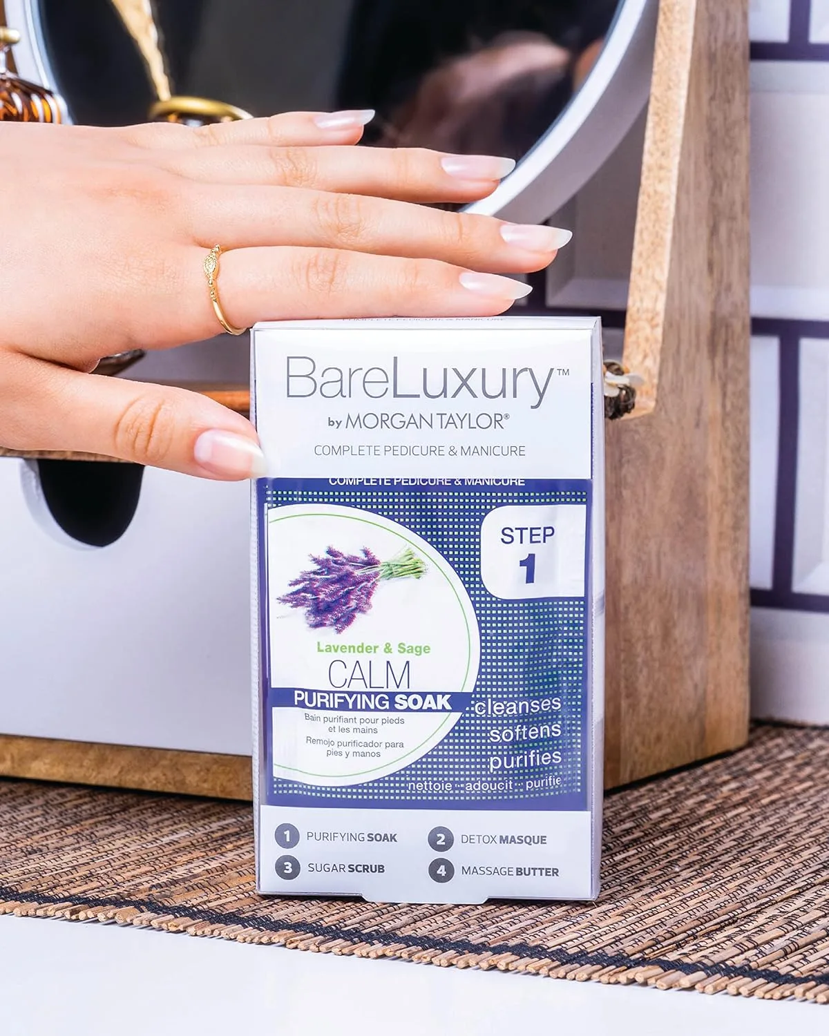 Morgan Taylor BareLuxury 4-Step Complete Pedicure & Manicure Packs - полный набор для ухода за ногтями с ванночкой, маской, скрабом и массажным маслом, профессиональные спа-процедуры (Calm Lavender & Sage) 1 штука (1 шт.), Lavender & Sage — фото 2