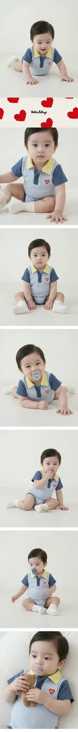 Детский боди-поло с коротким рукавом "Baby BB Heart Color Block Waffle" светло-голубой от Belita&Boys — фото 2