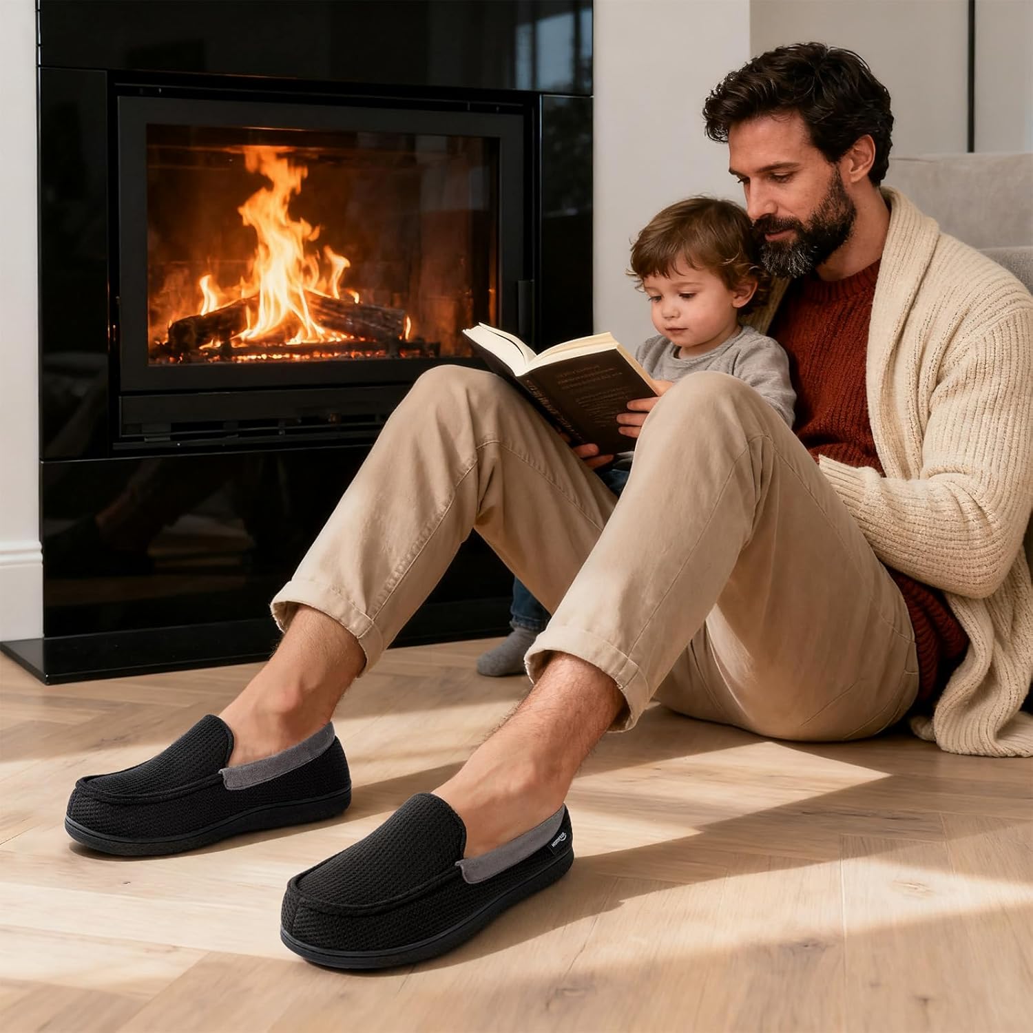 Мокасины для мужчин HomeTop с комфортной подошвой из пены с эффектом памяти, дышащие хлопковые домашние тапочки из махровой ткани для дома и улицы, черный — фото 2