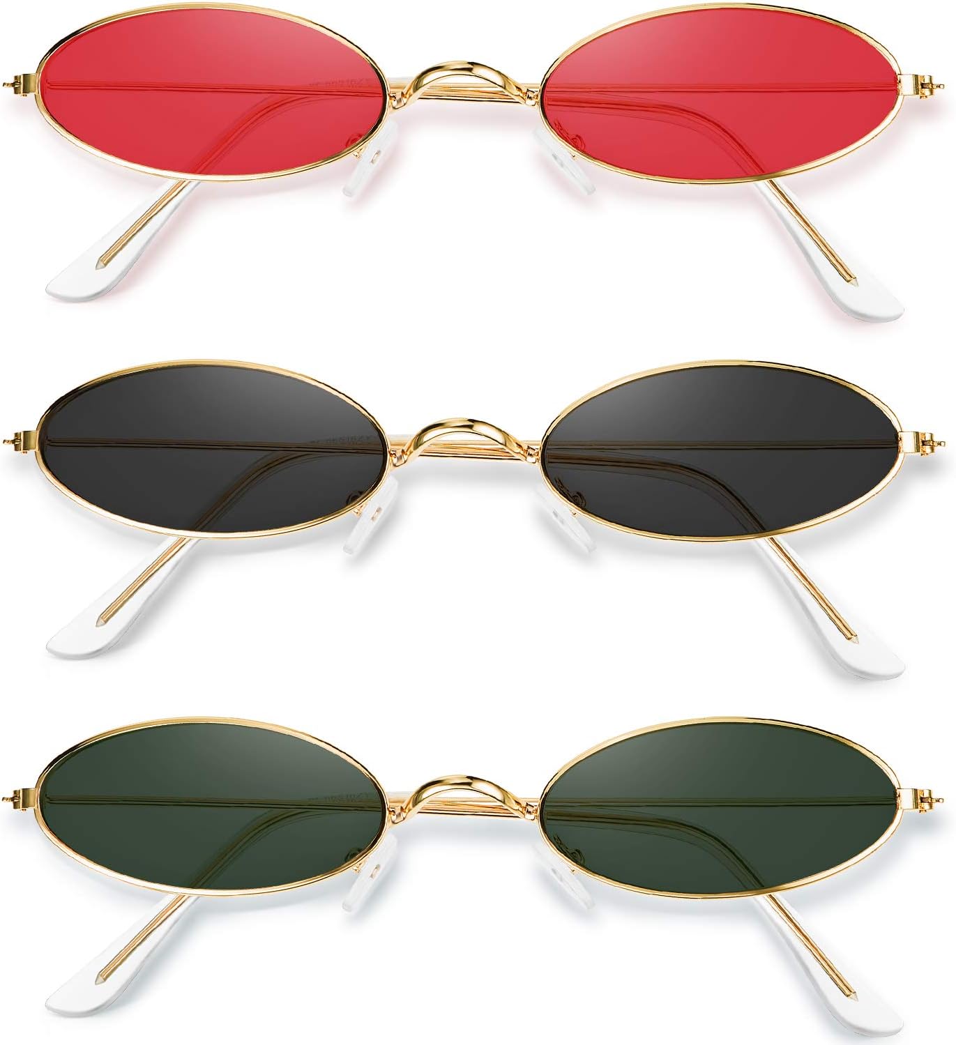 

3 винтажных овальных солнцезащитных очков в стиле ретро с тонкой металлической оправой, маленькие винтажные солнцезащитные очки конфетных цветов для мужчин и женщин Frienda, Dark Green Lens, Grey Lens, Red Lens