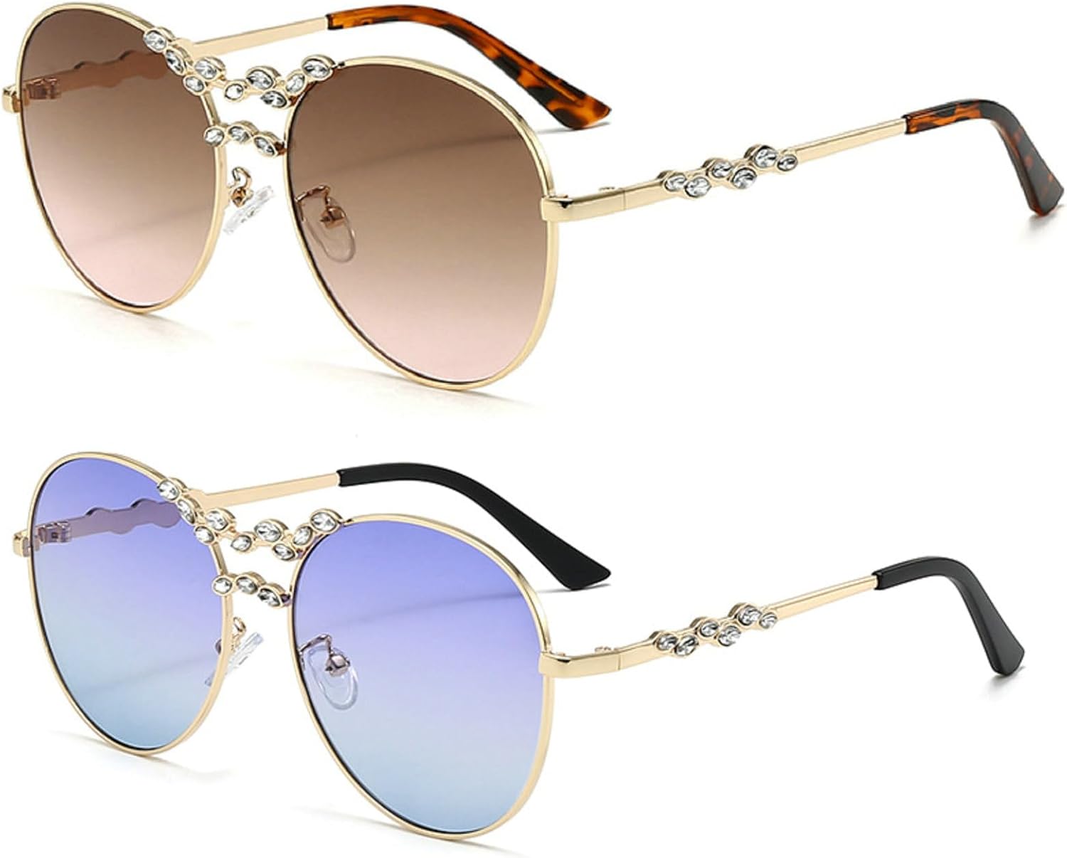 

Ретро-солнцезащитные очки-пилот с бриллиантами для женщин и мужчин, модные классические солнцезащитные очки в стиле 70-х с стразами, винтажные, 2 шт mincl, 2pcs-gray Brown&green